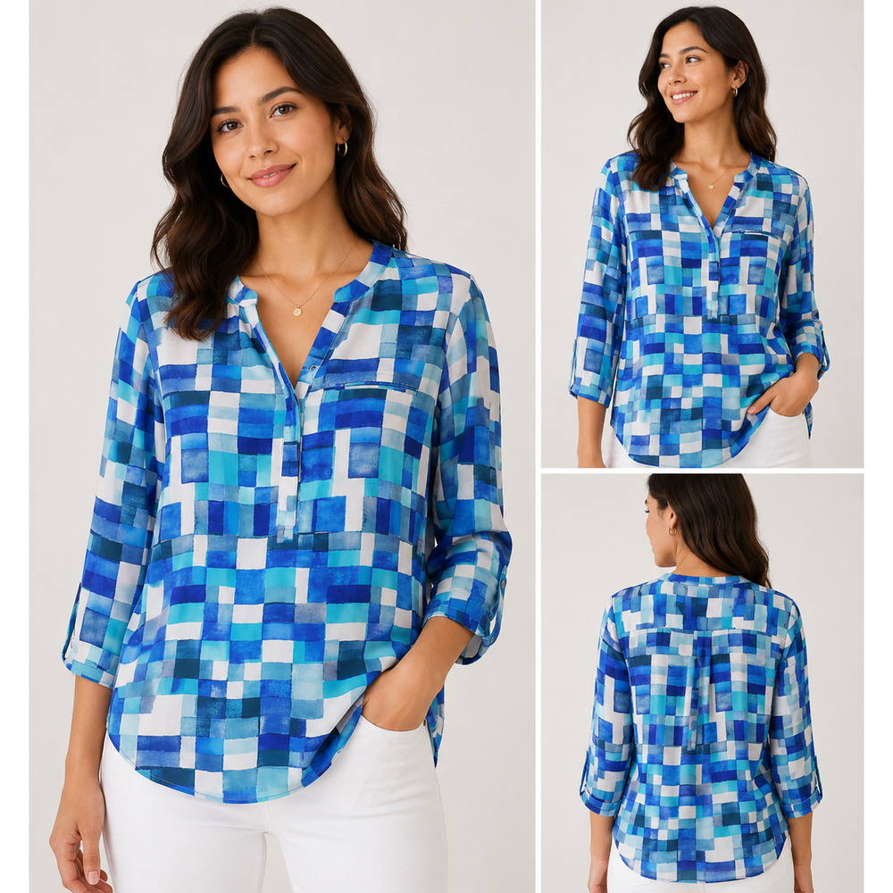 NYDJ Bridge over Water Blouse Blue White Check Top M Coastal Silky Career Casual